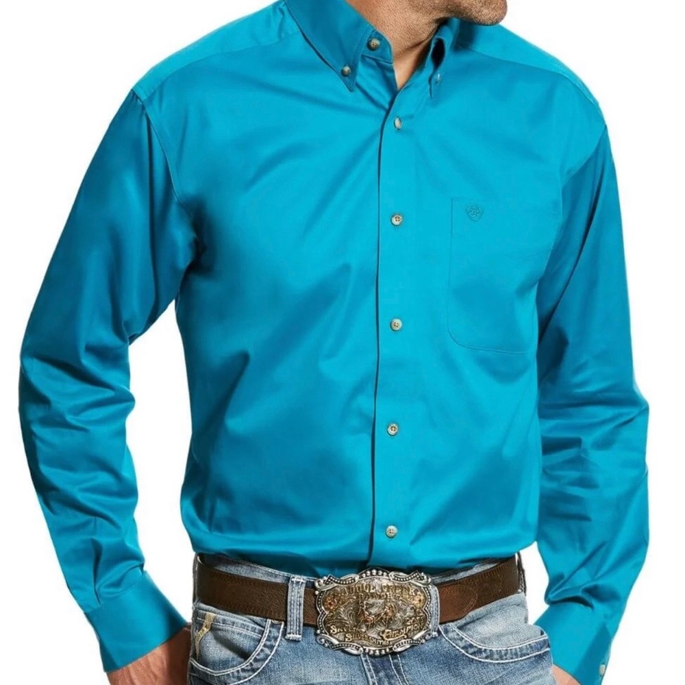 ARIAT Mens Medium Turquoise Solid Twill Classic Fit Button Down Western Shirt